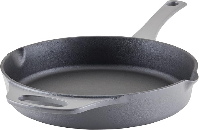 Rachael Ray NITRO Cast Iron Frying Pan/Skillet with Helper Handle and Pour Spouts, 10 Inch, Gray