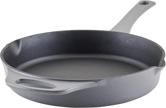 Rachael Ray NITRO Cast Iron Frying Pan/Skillet with Helper Handle and Pour Spouts, 10 Inch, Gray