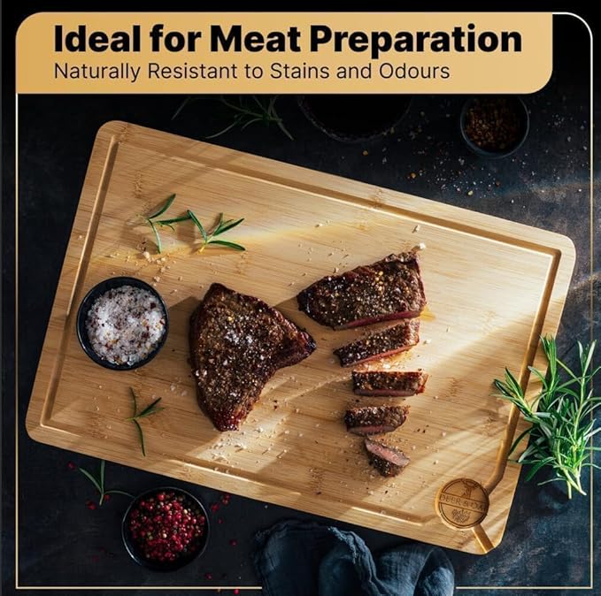 Deer & Oak Large Bamboo Chopping Board 38 x 25 x 2cm, Premium Wooden Kitchen Cutting Board for Meat & Vegetables, Pre-Oiled, Water Resistant, Knife-Friendly
