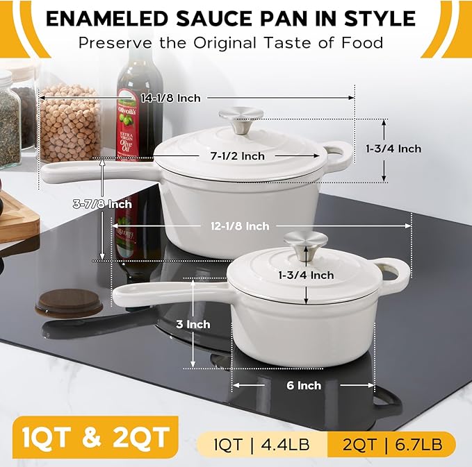 Onader 1QT & 2QT Saucepan Set with Lid, Enameled Cast Iron Small Pot Sets for Cooking, Nonstick Enameled Sauce Pan Dutch Oven, Induction Compatible, Heavy Duty – White