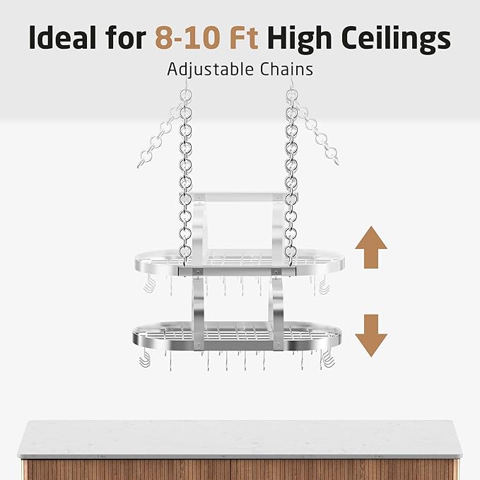 KES 34 Inch Heavy Duty Chrome Hanging Pot Rack Ceiling Mount, Oval Pot and Pan Hanging Rack, Pan Hanger for Kitchen Storage Organizer with 20 S Hooks (For 16" and 24" Ceiling Joist), KUR221S85-CH