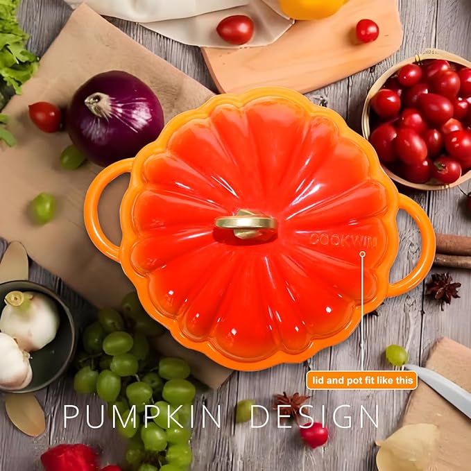 Pumpkin Enameled Cast Iron Dutch Oven with Lid, 4.5 QT Heavy Duty and Dual Handles Pot, Serves 3-5 and Oven Safe for Bread Baking, Braising, Cooking Soup and Family Gifts, Orange