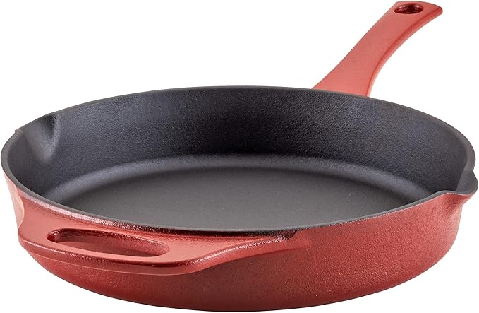 Rachael Ray NITRO Cast Iron Frying Pan/Skillet with Helper Handle and Pour Spouts, 10 Inch, Red