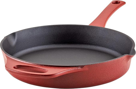 Rachael Ray NITRO Cast Iron Frying Pan/Skillet with Helper Handle and Pour Spouts, 10 Inch, Red