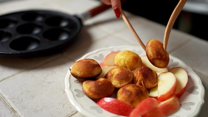 StarBlue 7-Hole Cast Iron Aebleskiver Pan Detachable Wooden Handle, Pre-Seasoned, Aebleskiver Sticks and Recipe Book Included