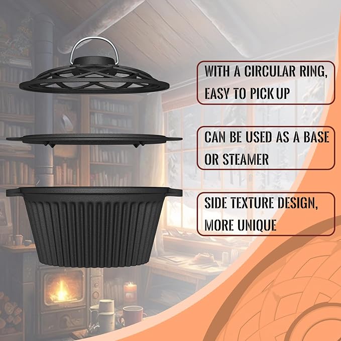 Cast Iron Wood Stove Cooking Bundle, 1.4Qt Steamer/Humidifier + Garlic Roaster with 4 Iron Fish - Dual-Layer Simmer Pot & Smoker Box Set for Vegetables, Meats, and Eco Heating Solutions