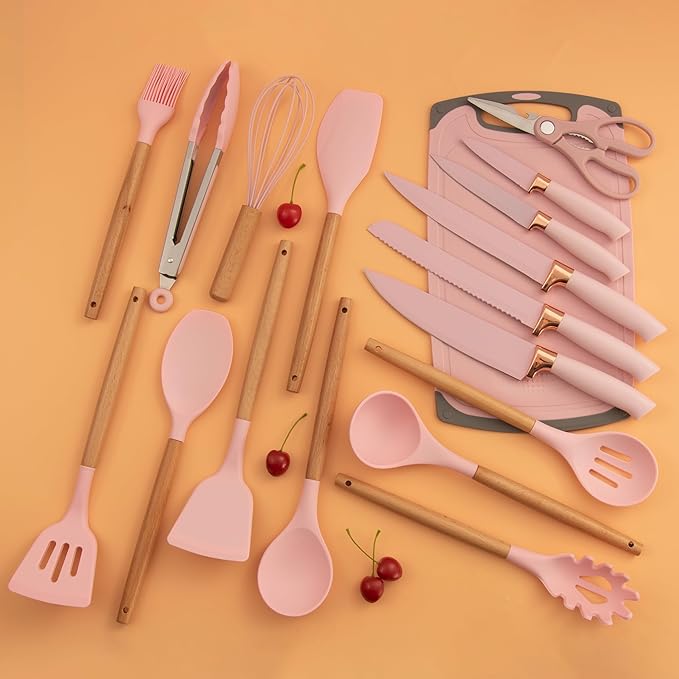 19-Piece Pink Kitchen Utensils Set - Silicone Cooking Utensils, Non-Toxic Spatula Set, Kitchen Tools, Cutting Board, Pink cooking utensils set