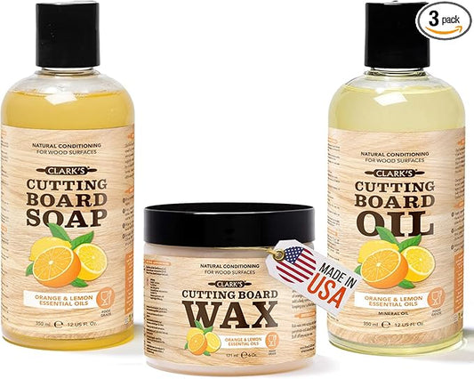 CLARK'S Cutting Board Oil (12oz), Wood Wax (6oz) and Cleaner (12oz) Set – Food-Grade Mineral Oil for Wood Cutting Board - Scented with Orange & Lemon Essential Oils - Made in USA