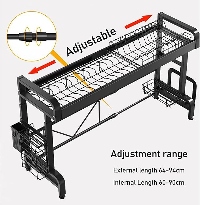 Expandable Over Sink Dish Drying Rack, Adjustable Stainless Steel Kitchen Storage Organizer, 2-Tier Space Saver Counter Rack in Black