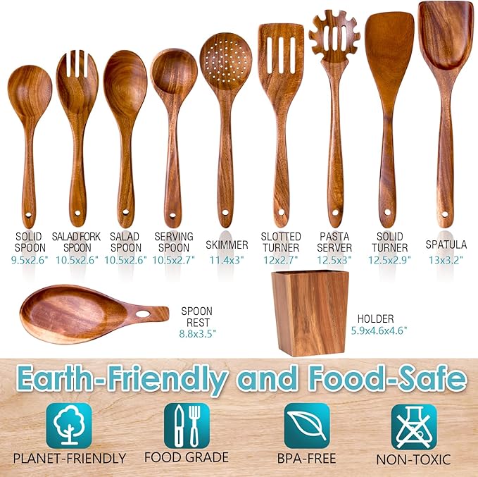 Wooden Spoons for Cooking, Premium Acacia Wood Kitchen Utensil Set, Handmade Wooden Utensils for Nonstick Cookware, Heat Resistant, Smooth Finish, Comfortable Grip, with Holder, Gift Ready
