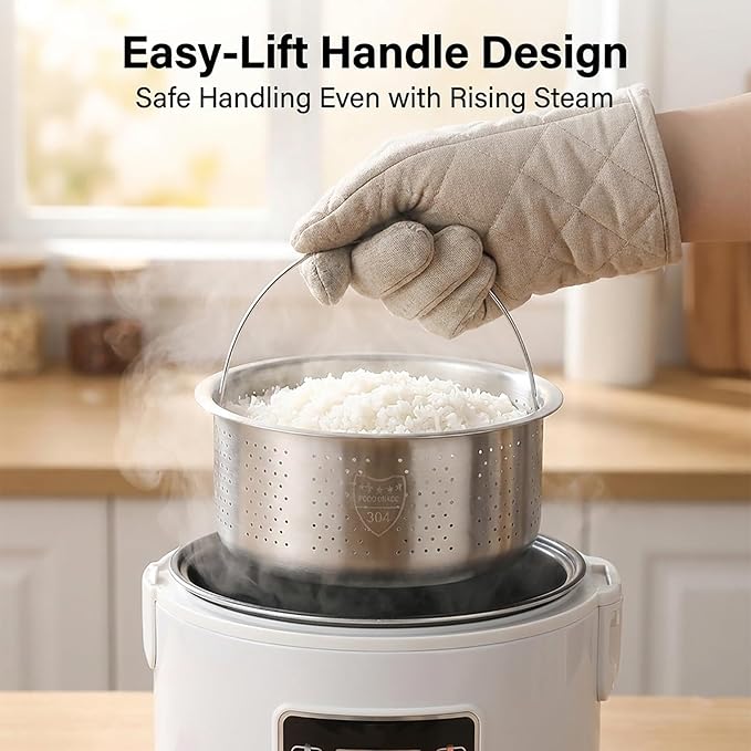 Stainless Steel Steamer Basket for 10-Cup Rice Cooker - Metal Steaming Rack with Handle, Effectively Removes Sugar from Rice for Healthy Diet, Vegetable Steamer Insert