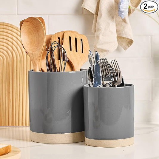 famiware Milkyway Kitchen Utensil Holder for Countertop, 7.2"+5.8" Ceramic Cooking Utensil Crocks for Counter, Utensil Organizer for Spatula & Spoon, Kitchen Decor, Set of 2, Dark Gray