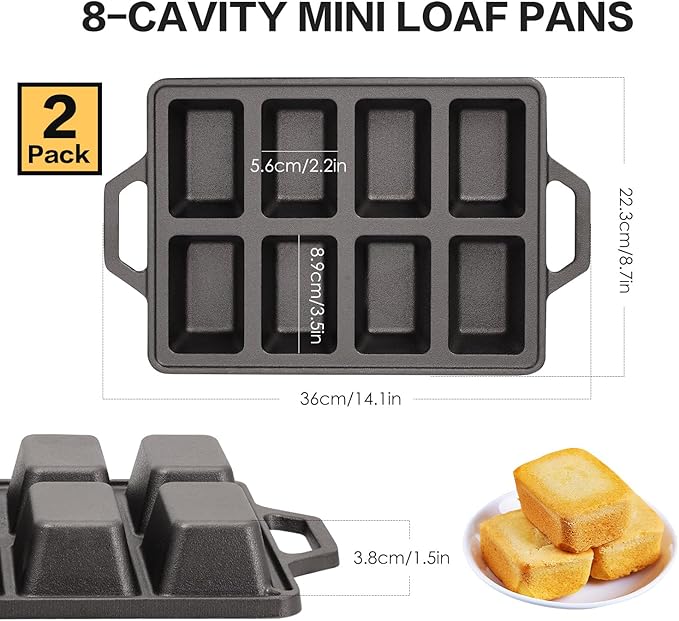 2pack Cast Iron Mini Loaf Pans 8-Cavity Bread Loaf Pans Pre-Seasoned Baking Pan Molds with Handle Bread Pans for Homemade Bread