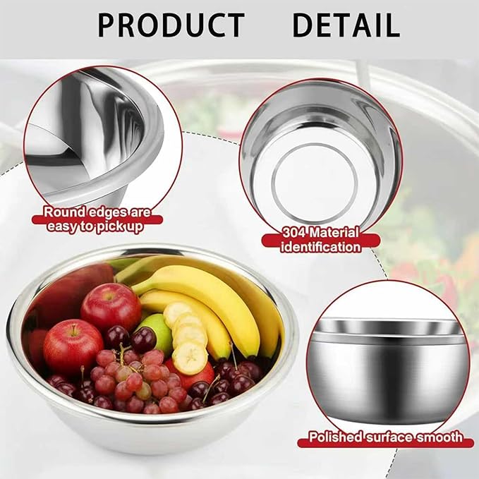 4 Pack 13 Qt 304 Stainless Steel Large Mixing Bowls with Flat Base Polished Mirror Finish Metal Bowls for Home or Commercial Baking Mixing Marinating and Food Preparation