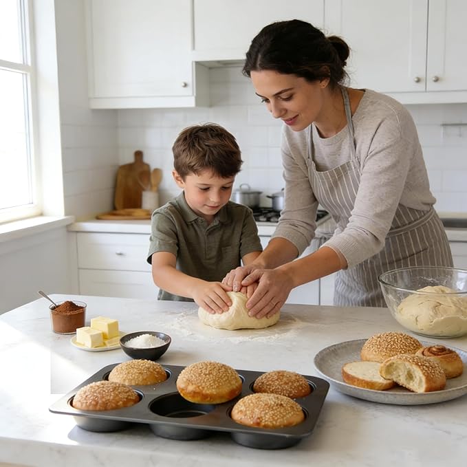 2 Pcs Muffin Top Pan with Lid, 3.6 Inch Non-Stick 6 Cup Straight Muffin Pan Cupcake Pan, Hamburger Bun Pan for Baking Egg Sandwich Frittata Cinnamon Roll