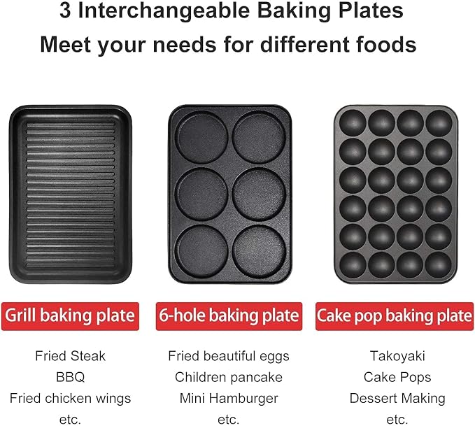 3 in 1 Multifunctional Electric Griddle Electric Skillet Nonstick Baking Maker with 3 Interchangeable Pan Takoyaki Maker Cake Pop Maker Pancake Maker Red