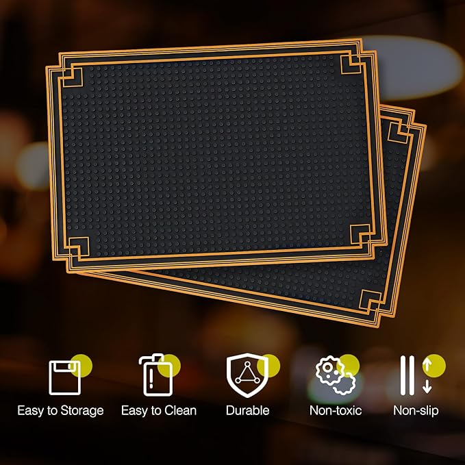 2 Pcs 12 x 6 Inch Bar Mat Non Slip Rubber Mat with Gold Border Durable Stylish Spill Cocktail Service Coffee Mats for Restaurants Barbershop Clippers Bartending, Black