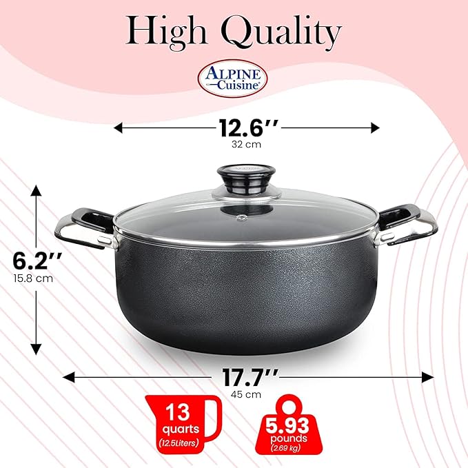 Alpine Cuisine 13 Quart Non-stick Stock Pot with Tempered Glass Lid and Carrying Handles, Multi-Purpose Cookware Aluminum Dutch Oven for Braising, Boiling, Stewing