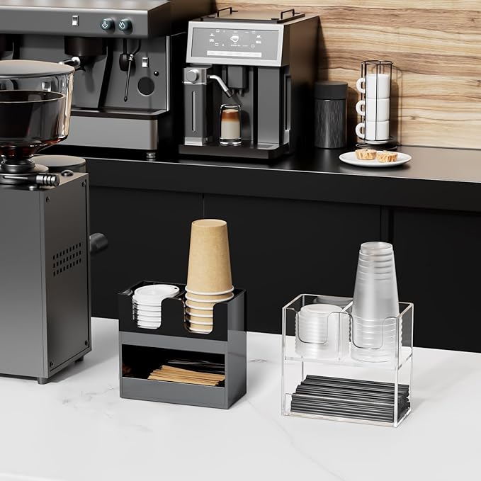 Beego 3-Compartment Cup Holder for Countertop - 2-Tier Black Acrylic Cup Dispenser Coffee Station Paper Cup and Lid Organizer Condiment Storage for Restaurant Breakroom Kitchen Bar Accessories