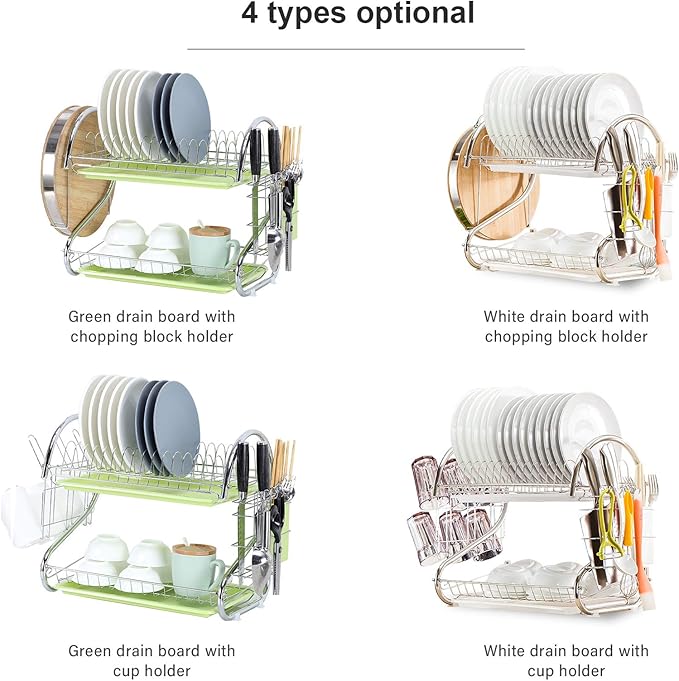 2 Tier Dish Racking System with Removable Drain Board - Sturdy Steel Kitchen Counter Organizer for Efficient Drying and Utensil Storage