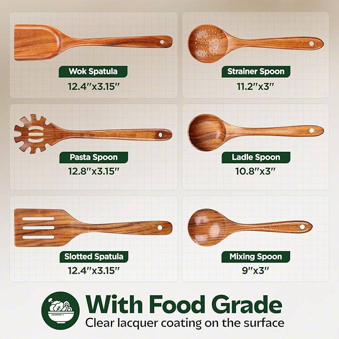 ANBUY 6 Pcs Wooden Kitchen Utensil Set, Wooden Spoons for Cooking, Heat Resistant BPA Free Wood Turner Wok Spatulas & Ladle Set, Skimmer Strainer for Spaghetti, No Scratch & No Stick for Cookware