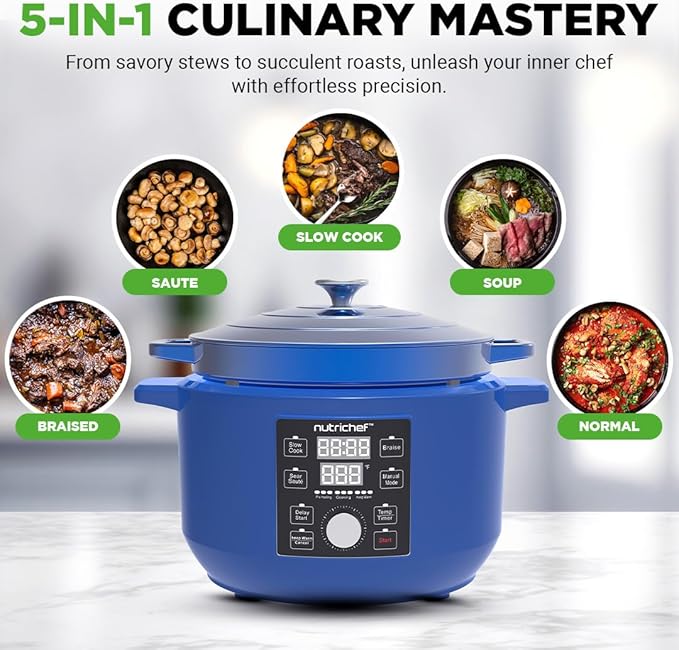 Nutrichef 6 Quart Electric Dutch Oven | 1500W 5-in-1 Enamel Coated Cast Iron Pot with Stainless Steel Lid | Precise Temperature Control | Includes 2 Silicone Pot Holders & Heat Resistant Pad | Blue
