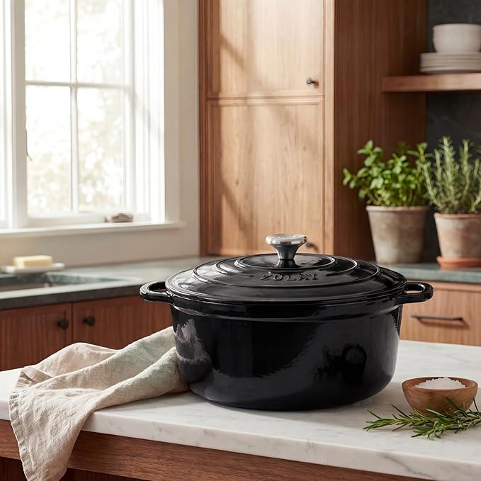 Zulay Kitchen 6.4 Quart Enameled Cast Iron Dutch Oven Pot with Lid – Premium Durability & Oven Safe up to 500°F – Heavy Duty Cookware Perfect for Bread Baking, Stews, Braising & Roasting - Black