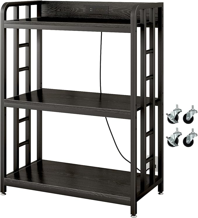 Bakers Rack with Power Outlet,Adjustable Microwave Stand with Storage,3-Tier Kitchen Shelves,Microwave cart Suitable for Kitchen,Dinning Room,Coffee Bar,Living, Black