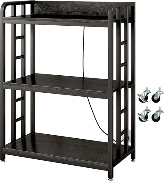 Bakers Rack with Power Outlet,Adjustable Microwave Stand with Storage,3-Tier Kitchen Shelves,Microwave cart Suitable for Kitchen,Dinning Room,Coffee Bar,Living, Black