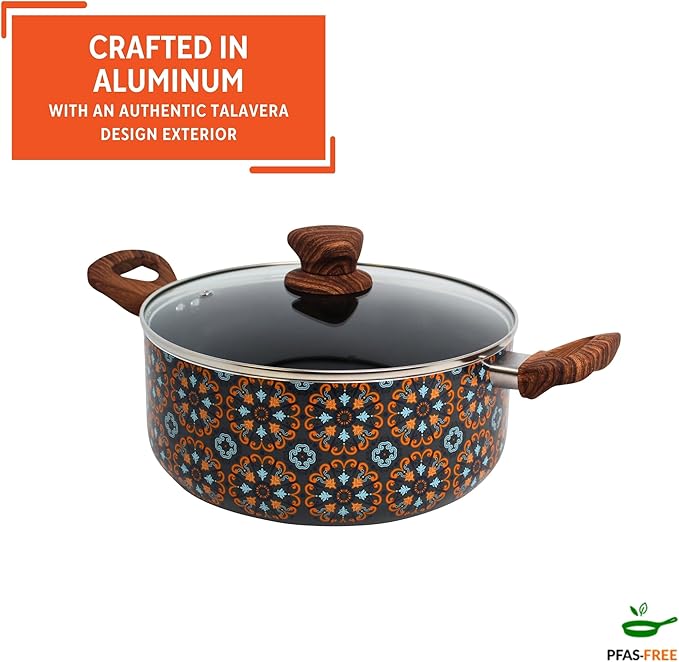 IMUSA 4.8qt Talavera Aluminum Black Ceramic Dutch Oven with Glass Lid & Wood Look Handles