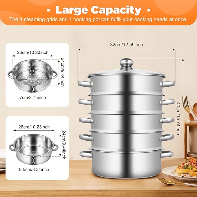 5-Tier Stainless Steel Steamer, Stainless Steel Steamer Basket Multi-Layer Cookware Steamer Pot Food Grade Steamer Pot with Glass Lid and Handles for Home Kitchen Restaurant Hotel (Silver B, 10inch)