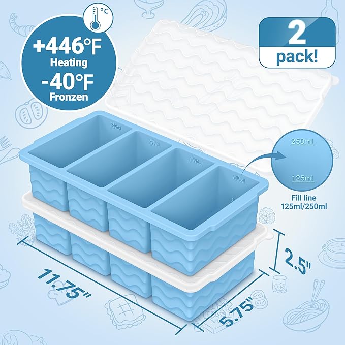 Silicone Freezer Tray for Soup with Lid – 1-Cup Soup Container Cube Style Ice Cube Trays for Freezer, Meal Prep & Food Storage, Freeze 250mL/125mL Portions – 2 Pack