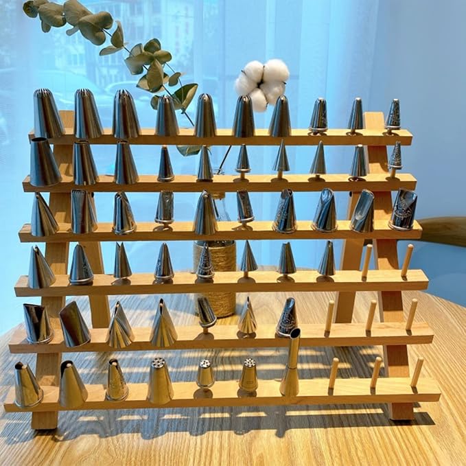 Foldable Lcing Frosting Nozzles Organizer Wood Piping Tips Shelf, Pastry Tips Rack Holder Stand for Kitchen, Baking Tools