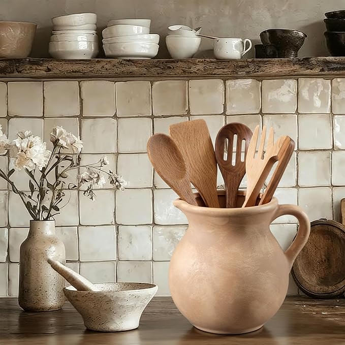 Rustic Kitchen Utensil Holder with Handle,7 Inch Ceramic Vintage Utensil Crock for Countertop, Farmhouse Kitchen Decoration Ceramic Pot for Spatulas Spoons Tongs (Classic,Antique Beige)