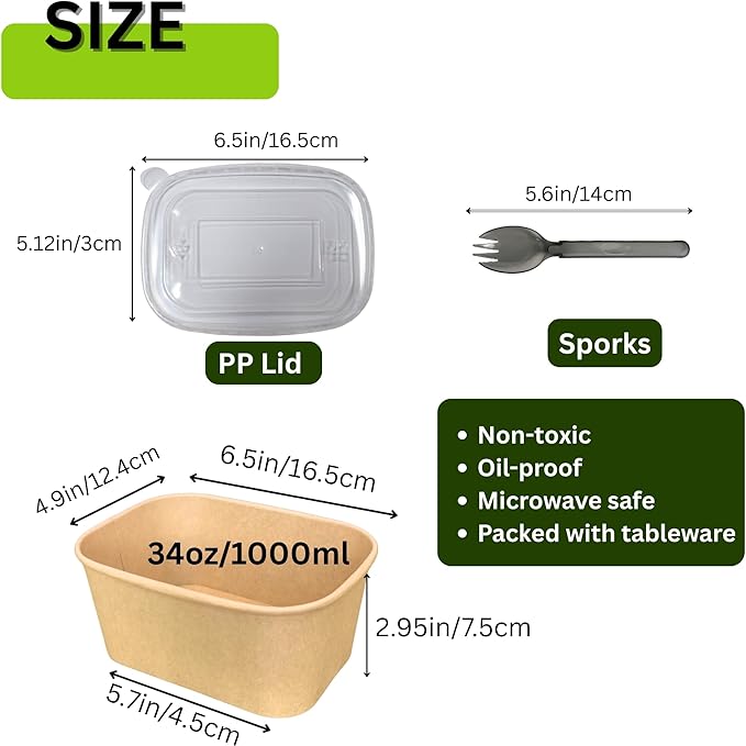 50 Pack 34 Oz Kraft Paper Bowl with Lid and Sporks, Disposable Catering Food Meal Prep Containers for Hot Food, Salad, Soup, School Lunch, Party, Takeout