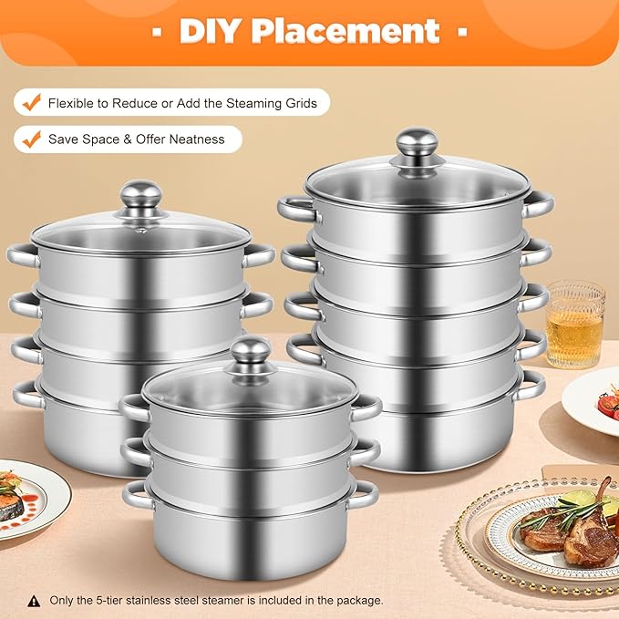 5-Tier Stainless Steel Steamer, 24 Cm/9.44 Inch stainless steamer for cooking overlapping Multi-Functions Domestic Commercial Large Steamer with Transparent Pot Lid & Handles