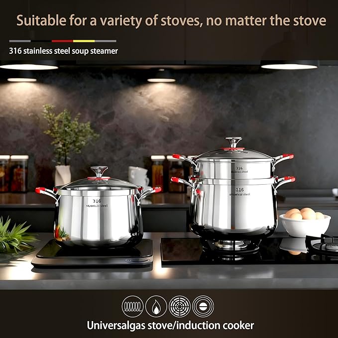 5 Qt Stainless Steel Stock Pot, Fast Heating 316 Thickened Clad with Glass Lid, Induction Gas Electric Ceramic Halogen Compatible Stew Pot (1 Tier, 22cm)
