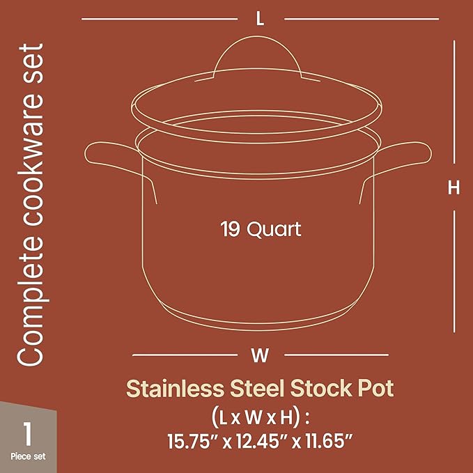 Stainless Steel Stockpot with Tempered Glass Lid 19 Quart, Durable 18/0 Stainless Steel, Impact-Bonded Base for Even Heating, Riveted Handles, Oven & All Stove Compatible, Safe Up To 500°F (260°C)