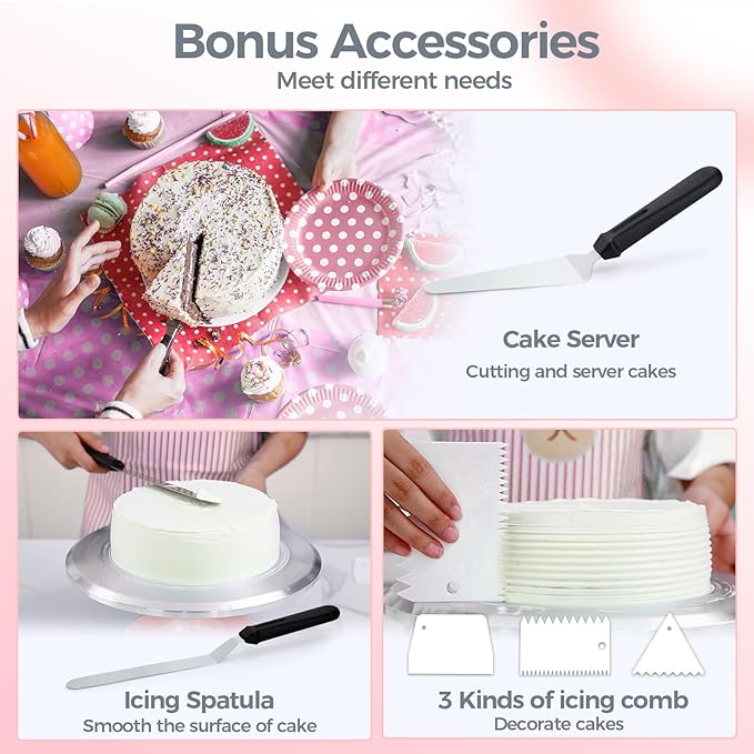 Ohuhu Cake Turntable, Aluminium 12'' Cake Decorating Kit Supplies Rotating Stand Revolving Spinner with 2 Icing Spatula 3 Comb Smoother Perfect Gifts