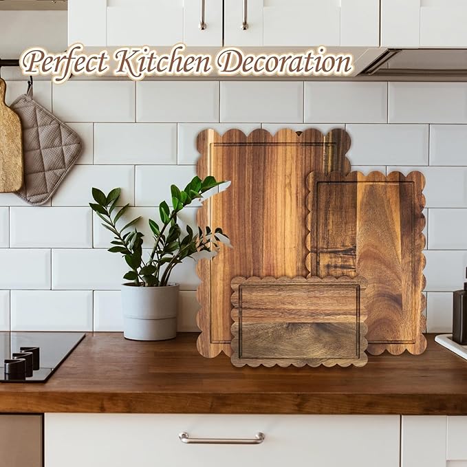 3 Pcs Acacia Wood Scalloped Cutting Board Set, Decorative Cutting Boards Bread Charcuterie Board for Grandmillenial Cottagecore Kitchen Decor Cheese Meat Fruit Bread Chopping Blocks (Classic Style)