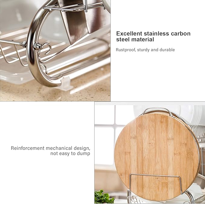 3 Tier Dish Racking System with Removable Drain Board - Sturdy Steel Kitchen Counter Organizer for Efficient Drying and Utensil Storage