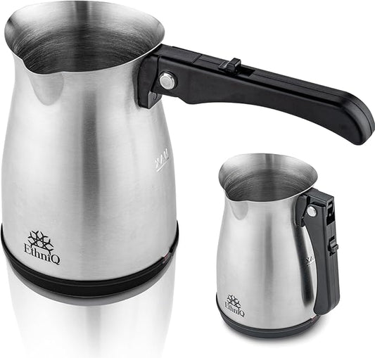 ETHNIQ Turkish Coffee Pot - Stainless Steel, 120V, 1 to 4 Cup Capacity, Coffee Maker with Foldable Handle for Home & Travel & on-off Button (Slow Brew)