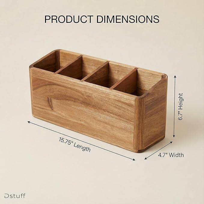 Dstuff Large Kitchen Utensil Holder Organizer for Counter or Countertop, Wooden Storage Container for Cooking and Silverware, Acacia Rustic Wood (4 Compartments)