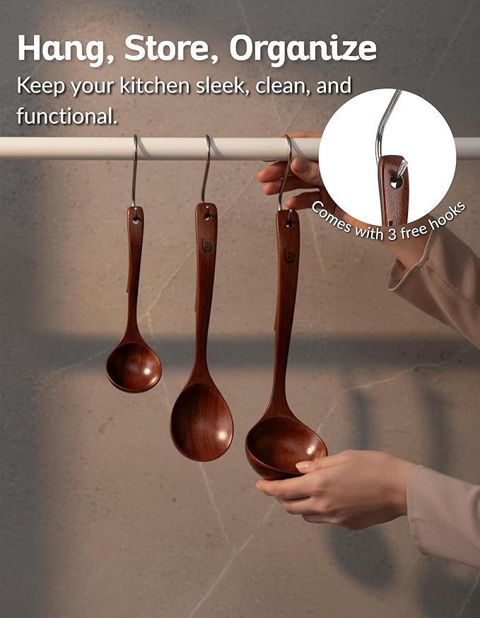 Soup Ladle - Luxury Teak Wood Ladle Set of 3 – Chef-Grade, Eco-Friendly Wooden Cooking Utensils with Reinforced Neck Joint & Anti-Slip Notch Handle – Multi-Size, Gift-Ready Ladle Spoons Set