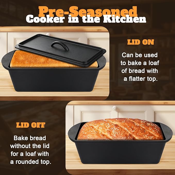 Rectangular Cast Iron Dutch Oven for Bread Baking, Cast Iron Sourdough Bread Pan with Lid Handles Lame, Even Heat Bread Baking Pan for Homemade Bread Cake Meatloaf, 3.2QT