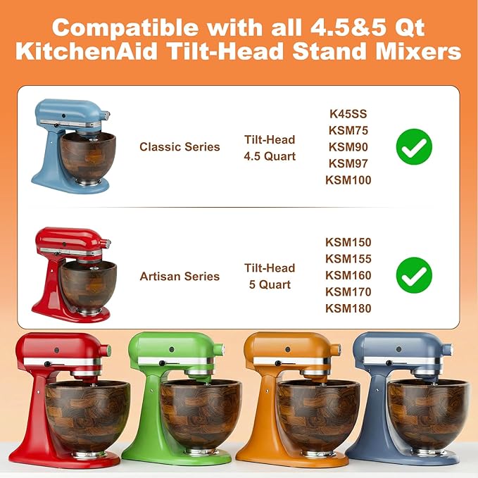 Premium Walnut Wood Mixing Bowl Compatible with KitchenAid 4.5 & 5 QT Tilt-Head Models