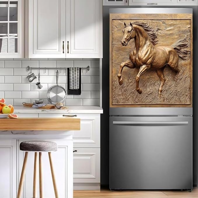 Dishwasher Magnet Cover, Bronze Gold Running Horse Refrigerator Magnetic Vinyl Sticker for Dishwasher Door, Metal Horse Decorative Kitchen Appliance Panel Decal, 23Wx26H Inches