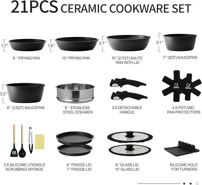 Nonstick Ceramic Cookware Set 21PCS with Detachable Handle, Pans and Pots Set, RV Kitchen Set Cookware Set, Pan Pots with Removable Handles, Oven Safe, Induction Ready(Black)