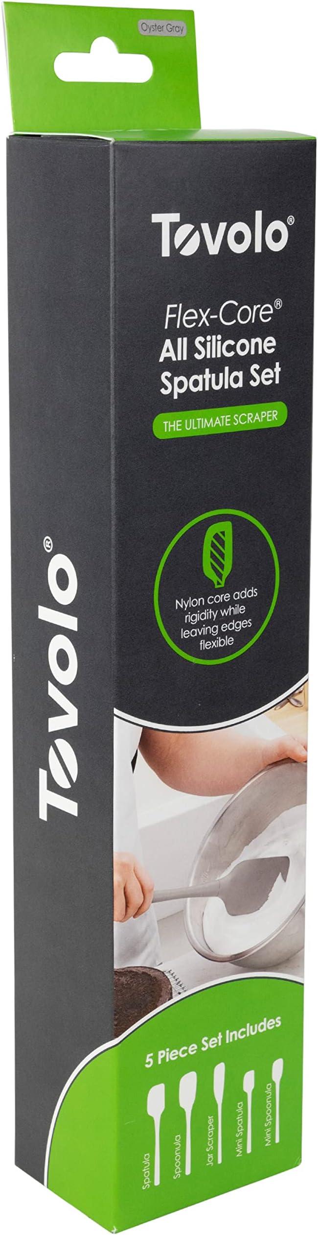 Tovolo Flex Core 5 Piece Silicone Spatula Set Heat Resistant All Silicone Utensils Include Non Stick Spatula Spoonula Jar Scraper, Dishwasher Safe BPA Free Spatulas for Baking Mixing, Oyster Gray