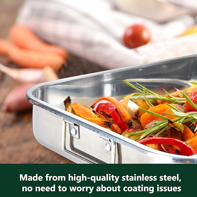 Stainless Steel Roasting Oven Pan: Roaster Pans With Rack & Handles 16.5 * 12.4 * 3 inches - Kitchen Baking Appliances for Turkey Chicken Beef - Kitchen Cookware Gifts for Women Homeowner